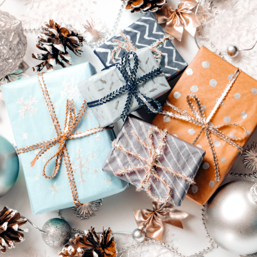 Wrapped gifts and pine cones.